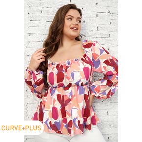 Women Plus Size Elegant Colorblock Ruffled Square Neck Long-sleeve Blouse
