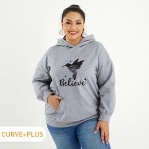 Woman Plus Size Graphic Bird Print Long-sleeve Hooded Pullover