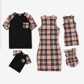 Family Matching Plaid Sleeveless Bodycon Dresses and Raglan-sleeve T-shirts Sets