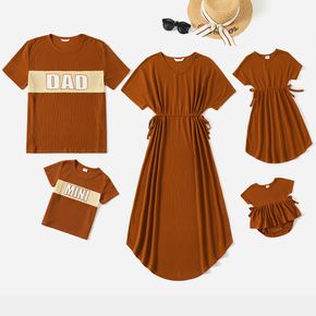 Family Matching Brown Short-sleeve Drawstring Dresses and Letter Print T-shirts Sets