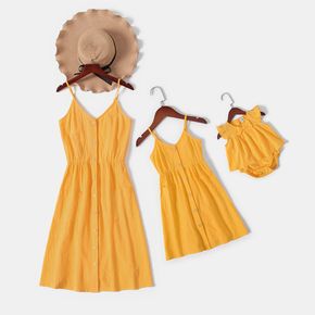 Yellow V Neck Spaghetti Strap Button Up Dress for Mom and Me