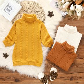 Baby Girl Solid Cable Knit Turtleneck Long-sleeve Dress