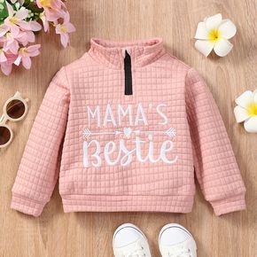 Toddler Girl Letter Embroidered Textured Zipper Stand Collar Pink Sweatshirt