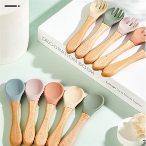 2-pack Baby Silicone Fork and Spoon with Wood Handle Baby Toddler Tableware Dishes Self-Feeding Utensils Set for Self-Training