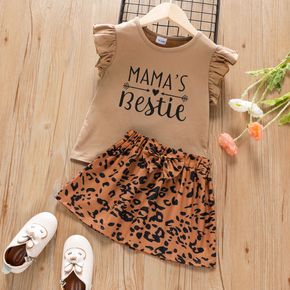2-piece Toddler Girl Letter Print Flutter-sleeve Tee and Bowknot Design Leopard Print Skirt Set