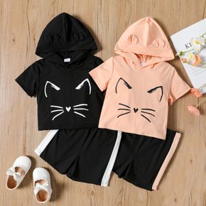 2-piece Toddler Girl Cat Print Hooded Short-sleeve Tee and Colorblock Elasticized Shorts Set