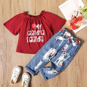 2-piece Toddler Girl Letter Print Ruffled Off Shoulder Short-sleeve Red Tee and Floral Print Bowknot Design Ripped Denim Jeans Set