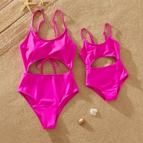 Mommy and Me Solid Sleeveless Spaghetti Strap Hollow Out Swimsuit