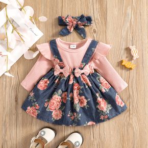 100% Cotton 2pcs Baby Girl Pink Ribbed Long-sleeve Splicing Floral Print Denim Romper Dress Set