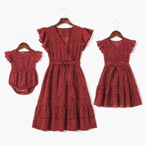 All Over Polka Dots Red V Neck Ruffle Flutter Sleeve Dress for Mom and Me