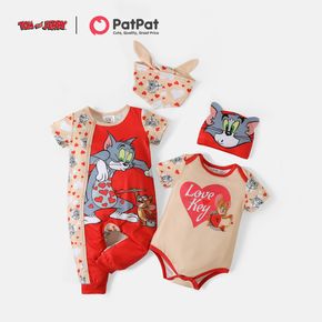 Tom and Jerry 2-piece Baby Boy/Girl Heart Print Romper with Bib and Hat