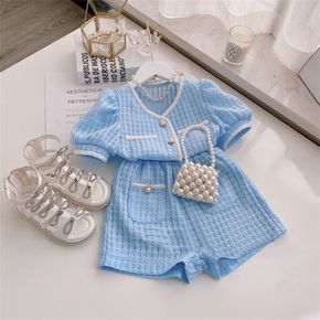 2pcs Plaid Jacquard Pearl Button Puff Short-sleeve Top and Shorts Blue Toddler Set