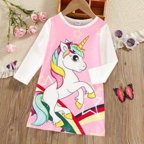 Toddler Giel Unicorn Stars Print Colorblock Long-sleeve Dress