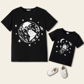 100% Cotton Outer Space Print Black Short-sleeve T-shirts for Dad and Me