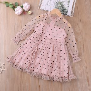 Toddler Girl Polka dots Ruffle Collar Mesh Long-sleeve Pink Dress