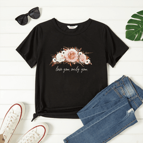 Women Graphic Floral and Letter Print Round-collar Short-sleeve T-shirt