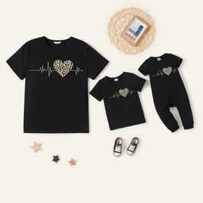 100% Cotton Leopard Heartbeat Line Print Black Short-sleeve T-shirts for Mom and Me