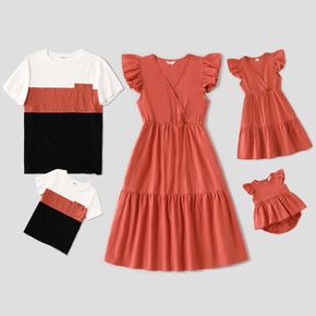 100% Cotton Family Matching Solid Cross Wrap V Neck Flutter-sleeve Dresses and Colorblock Short-sleeve T-shirts Sets