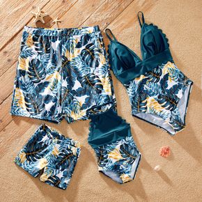 Family Matching All Over Plants Print Blue Swimsuits