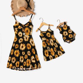 All Over Sunflowers Floral Print Black Spaghetti Strap Dress for Mom and Me