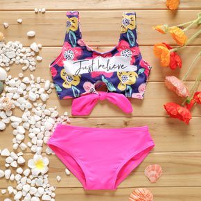 2pcs Toddler Girl Letter Floral Print Tie Knot Camisole and Briefs Bikini Swimsuit Set
