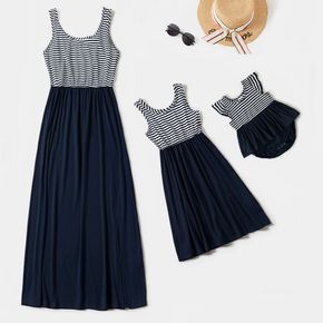 Striped Splicing Solid Split Sleeveless Tank Dress for Mom and Me