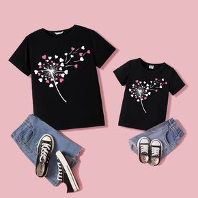 Love Heart Dandelion Print Black Short-sleeve Cotton T-shirts for Mom and Me