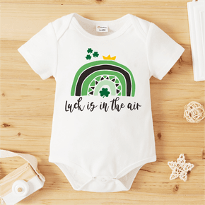 St. Patrick's Day 100% Cotton Baby Boy/Girl Four-leaf Clover Rainbow and Letter Print White Short-sleeve Romper