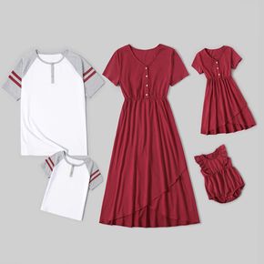 Family Matching Red V Neck Short-sleeve Tulip Hem Dresses and Raglan-sleeve T-shirts Sets