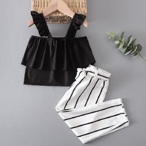 2-piece Toddler Girl Ruffled Black Camisole and Bowknot Design Stripe Pants Set