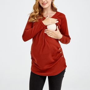 Nursing Ruched Side Button Decor Curved Hem Long-sleeve Tee