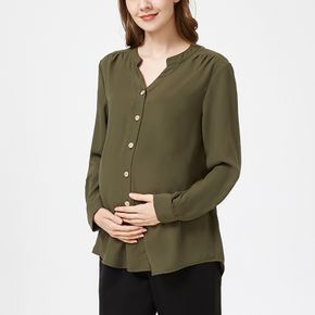 Nursing Solid Notched Neckline Single Breasted Long-sleeve Shirt