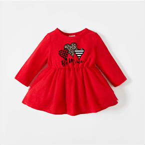 Valentine's Day Baby Girl Graphic Leopard Love Heart and Letter Print Red Long-sleeve Mesh Dress
