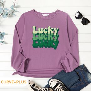 Women Plus Size Graphic Letter Print Round Neck Long-sleeve Tee