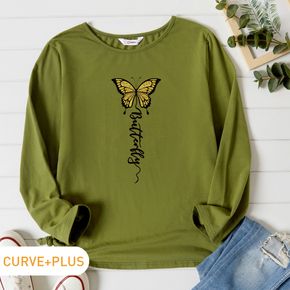 Women Plus Size Graphic Butterfly Print Round Neck Long-sleeve Tee