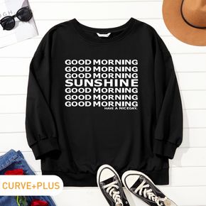 Women Plus Size Graphic Letter Print Round Neck Long-sleeve Pullover