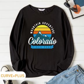 Women Plus Size Graphic Letter Print Round Neck Long-sleeve Tee