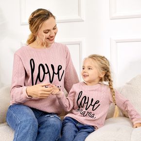Letter Embroidered Pink Textured Long-sleeve Pullover for Mom and Me