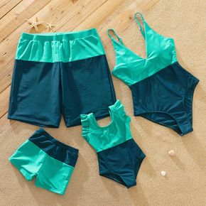Family Matching Colorblock Swim Trunks Shorts and Spaghetti Strap One-Piece Swimsuit