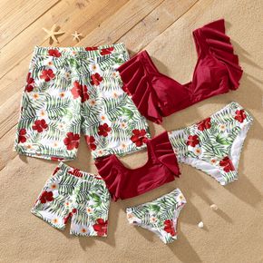 Family Matching All Over Red Floral Print Two-Piece Swimsuit