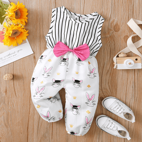 Easter Baby Girl Striped Splicing Rabbit Print Bowknot Sleeveless Jumpsuit