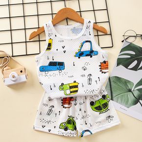 2pcs Toddler Boy Sporty Mesh Design Vehicle/Dinosaur Print Tank and Shorts Set