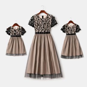 3D Floral Appliques Black Mesh Short-sleeve Dress for Mom and Me
