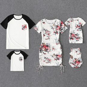 Family Matching Floral Print Short-sleeve Ruched Drawstring Bodycon Dresses and Raglan-sleeve T-shirts Sets