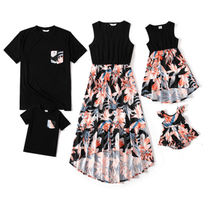 Family Matching Black Splicing Floral Print Irregular Hem Sleeveless Dresses and Short-sleeve T-shirts Sets