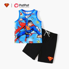 Superman 2-teiliges Tanktop mit Aufdruck für Kinder und Jungen und schwarze, elastische Shorts im Set