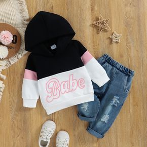 2pcs Baby Girl Letter Print Colorblock Long-sleeve Hoodie and 100% Cotton Jeans Set