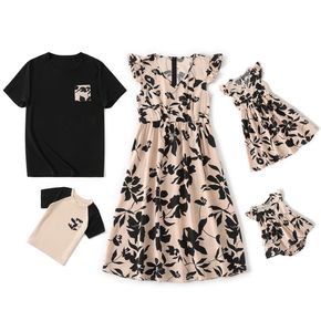 Family Matching Floral Print V Neck Flutter-sleeve Dresses and Short-sleeve T-shirts Sets