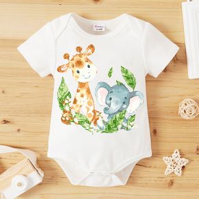 100% Cotton Baby Boy/Girl Cartoon Giraffe and Elephant Print White Short-sleeve Romper