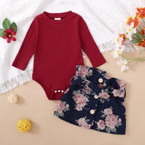 2pcs Baby Girl Solid Ribbed Long-sleeve Romper and Floral Print Belted Denim Skirt Set